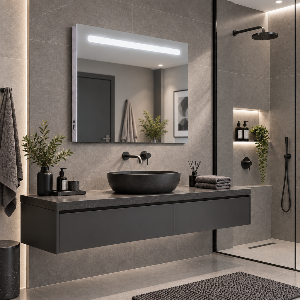 espejo LED con luz neutra para bano moderno