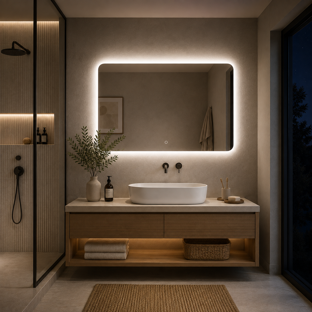 espejo led con luz trasera en mueble de baño de madera
